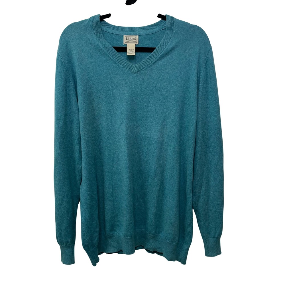 LL Bean Mens V-Neck Sweater Teal Blue Cotton Cashmere Blend L-Tall Preppy Gorp